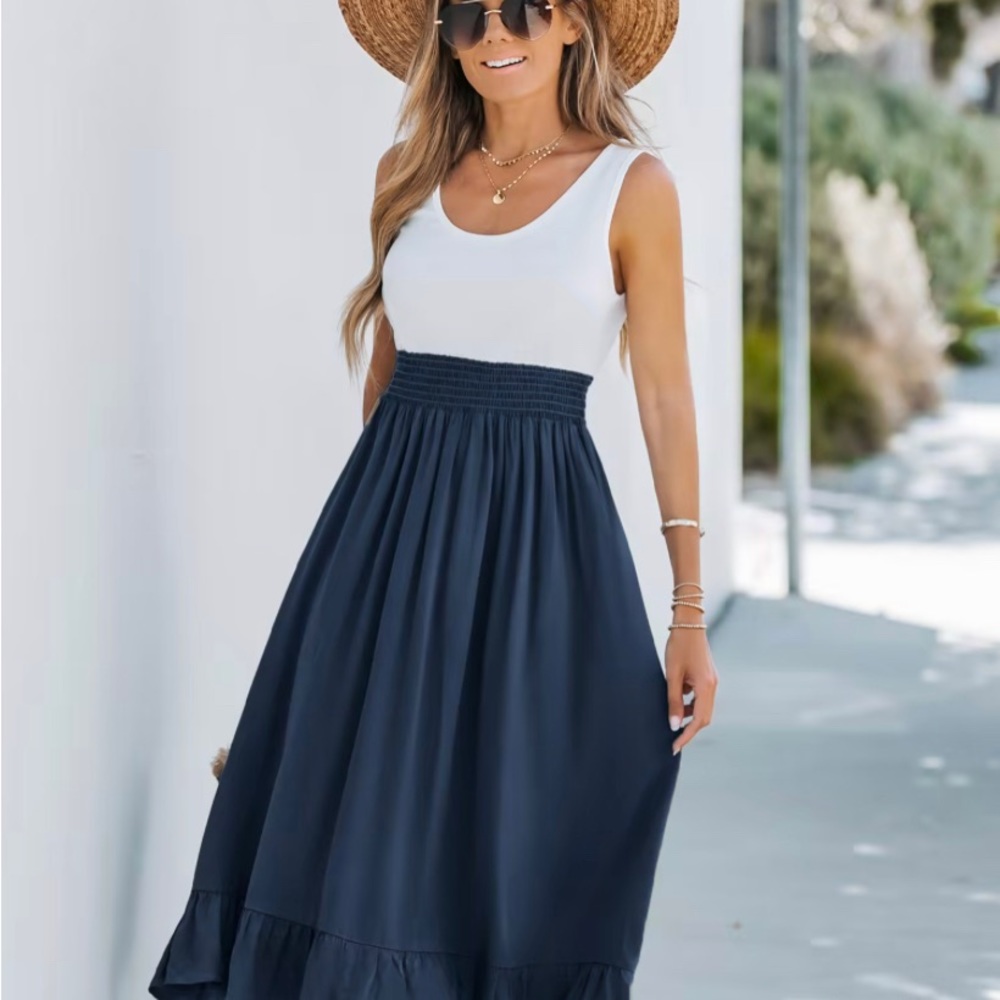 Ladies NWOT XL Midnight Blue Ruffled Midi Dress.